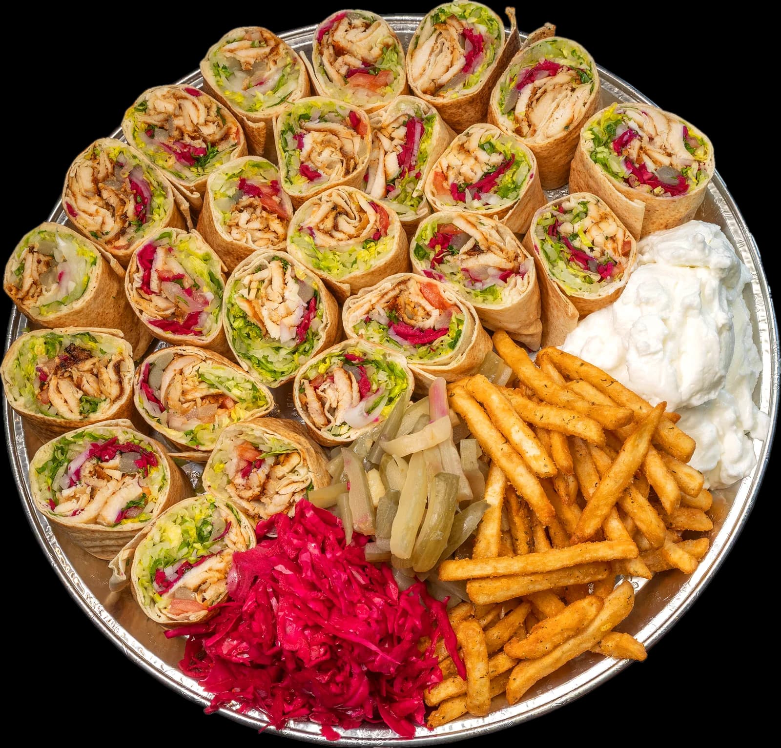 Palace Shawarma Tray: shawarma wraps, fries, garlic sauce, red cabbage and pickles on a party platter