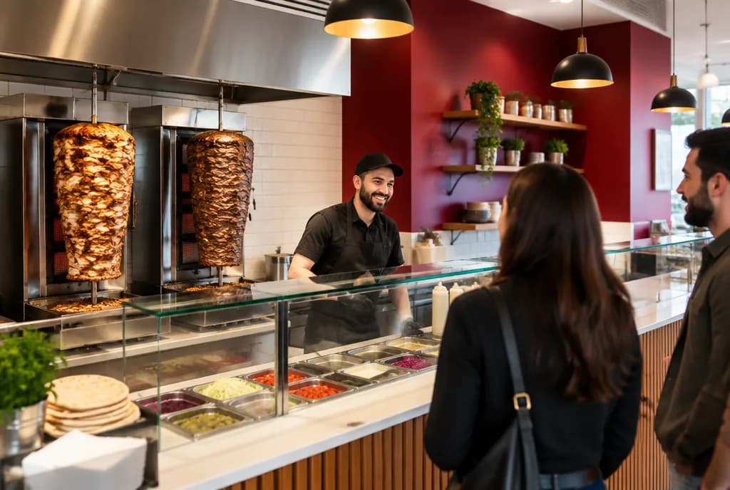 A modern shawarma counter with spits turning behind glass